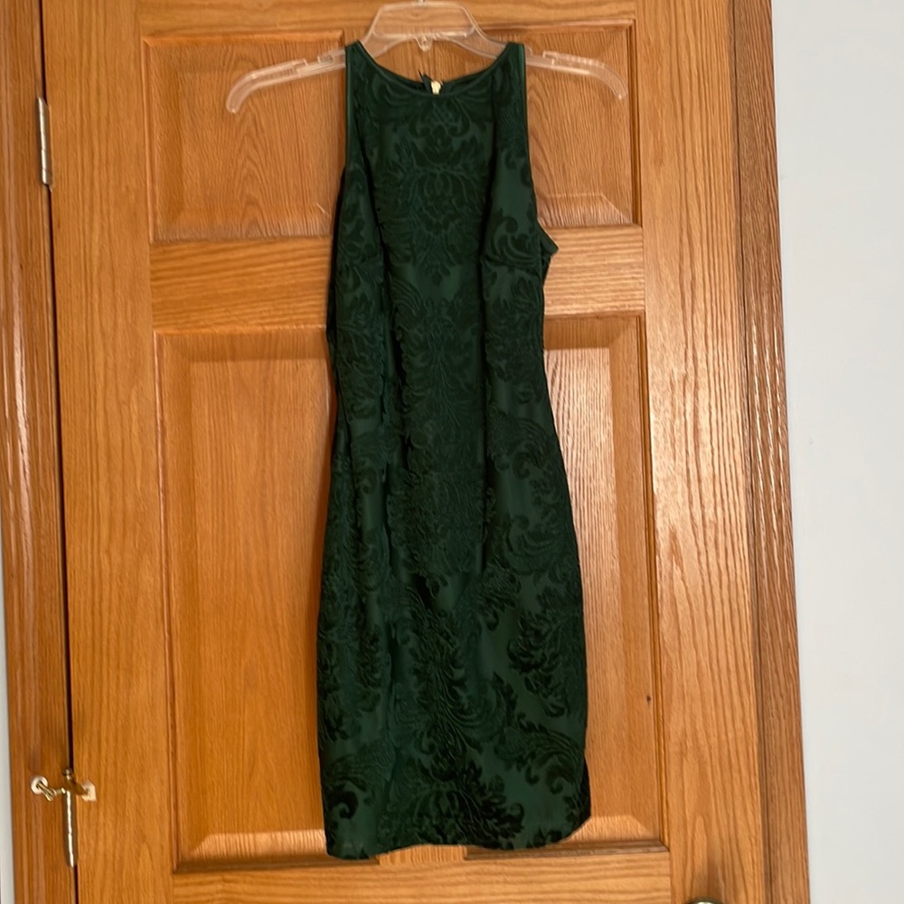 Emerald green dress with velvet design and gold zipper